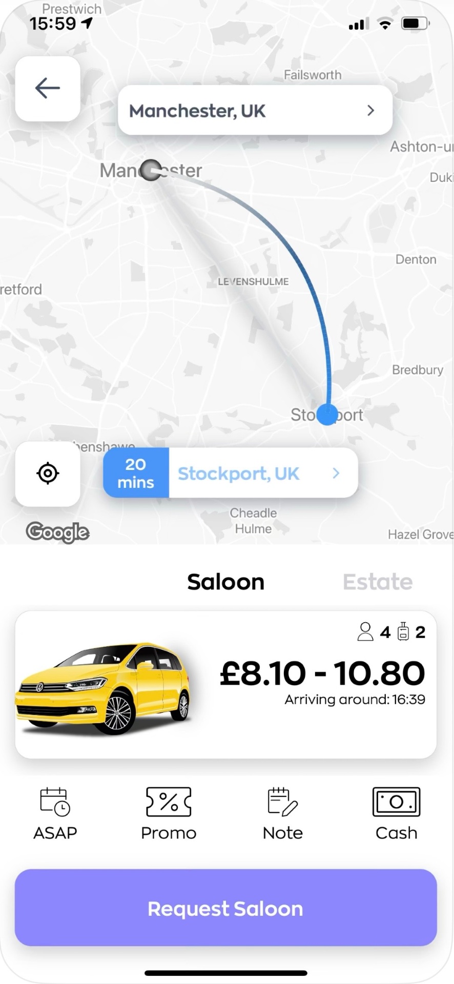 Lakeside Taxis app booking a Saloon ride